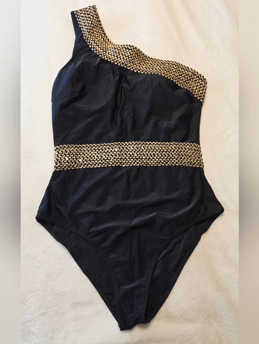 Cupshe One-Shoulder Black Swimsuit with Gold Trim